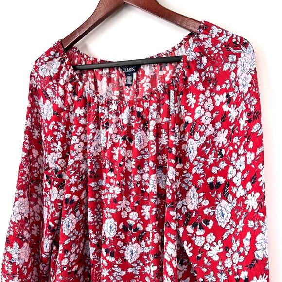Ralph Lauren Chaps Womens Sz Large Red Lightweight Floral Blouse Shirt Top Beach - Picture 4 of 8